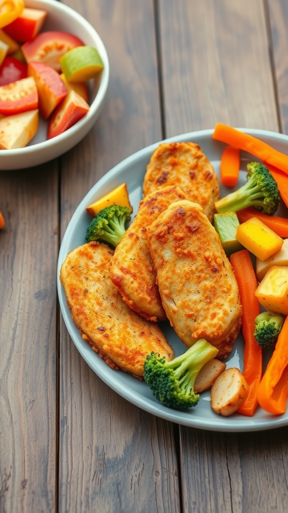 Delicious Air Fryer 360 Recipes for Every Meal Air-fried chicken strips with mixed vegetables and fresh fruit.